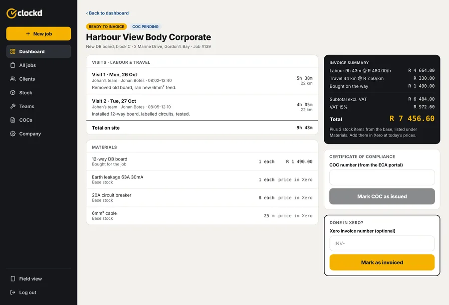 A finished job with visits, materials and an invoice summary totalling R 7 456.60