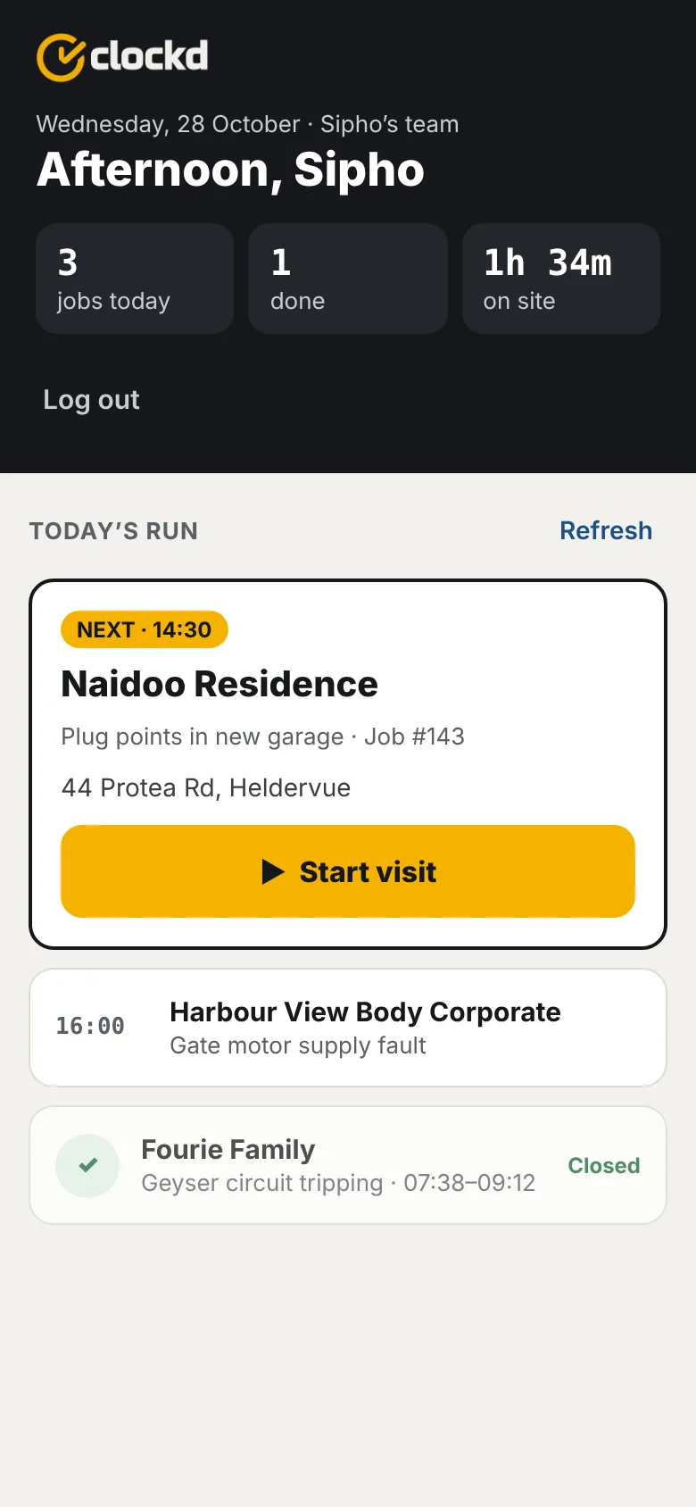 Worker's home screen showing today's three jobs and a Start visit button